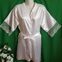 Snow white satin robe with lace sleeves, making robe - approx. L-shaped