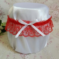 Bridal garter with red lace, white bow, thigh lace
