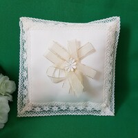 New, ecru-colored, lacy, bow-sized wedding ring pillow