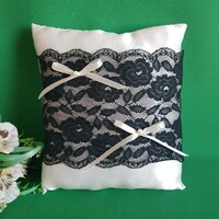 New, custom-made ecru wedding ring pillow with black lace