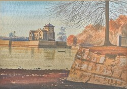 Lajos Dobroszláv(1902-1986): view of Tata with the castle. Marked, flawless painting!