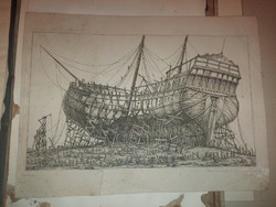 Gyula Varga: shipbuilding, etching, with recommendation, signature, approx. A3 size
