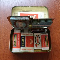 Régi FLAWA Taschen-Apotheke elsősegély doboz eredeti tartozékaival fémdobozban