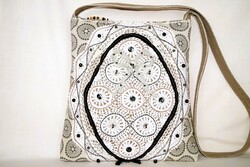 White, beige, oval lace, beaded, mandala, pocket, beige bow, zippered vintage women's shoulder bag