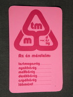 Card calendar, rainbow store, Budapest, size chart, 1983, (4)