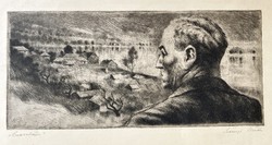 Szőnyi István (1894 - 1960): Önarckép zebegényi tájjal, jelzett rézkarc, gyűjtői ritkaság