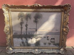 Károly Jakab Lowland cattle animal landscape painting in blonde frame