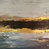 Szalai kristian: river bank. 90X90cm oil/canvas abstract painting by artist. Product video available!