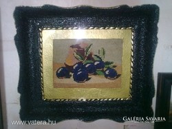 Antique tapestry still life restored in its original wood-based frame