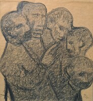 Heads, 1957 - signed pencil drawing - people conversing, modern style image