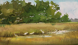 Bálinth Tibor : Bird paradise on the island (akvarell, 17cm x 29cm, papír-250gr.)  életkép madarakka