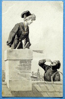Antique New Year litho postcard - chimney sweep lady and gentleman from 1904