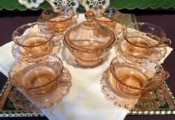 Salmon pink glass tea set with sugar holder.