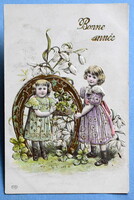 Antik dombornyomott Újévi képeslap - arany szerencsepatkó, 4levelű lóhere , kislányok, hóvirág
