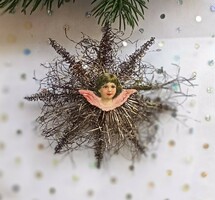 Régi dombornyomott papír angyalka fémszálas csillag  karácsonyfa dísz 10cm