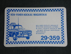 Card calendar, blue and white checkered taxi Pécs, graphic design, Lada Ziguli car, 1984, (4)