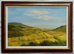 Lantos György "Kilátás a Szigligeti várból" festmény, keret, ingyen posta
