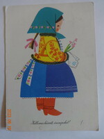 Old graphic greeting card - child in a basket - drawing by Anna Győrffy (1956)
