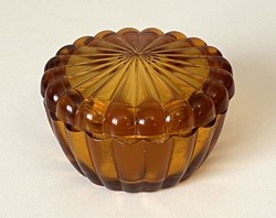 Amber yellow cast glass jewelry tray with lid 9.5 X 5.5 Cm high