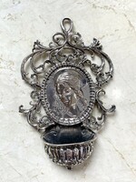 800-As silver wall-mounted holy water container with Mary's face, Hungarian hallmark, video available