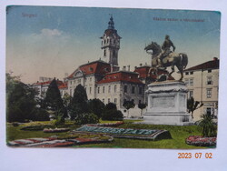 Régi postatiszta képeslap: Szeged,  Rákóczi szobra a városházával