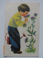Régi grafikus üdvözlő képeslap, virágot szagoló kisfiú - Zelenka Crescencia rajz