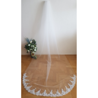 ÚJ, kézzel készített, 1 rétegű, csipkés szélű HÓFEHÉR, 3 méteres menyasszonyi fátyol (93.1)
