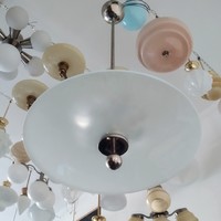 Art deco nickel-plated 2-burner chandelier renovated - acid-etched glass disc