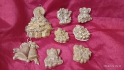 Painted plaster Christmas tree decorations, angels, pine tree