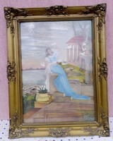 Young lady with pigeons. Romantic painting by a Hungarian painter. In a glazed blonde frame
