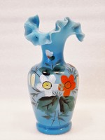 Biedermeier zománcfestett fodros peremű üveg váza