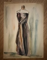 1 Ft-ról! Sipos Erzsébet, iparművész, divatruha tervező, akvarell ruhaterve, 43x31cm! Jelzett