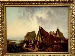 Kimagasló szépségű ,,,,  Eredeti  Bhöm Pál festmény : Készül az ebéd 1871 olaj vászon  71x95,5 cm !
