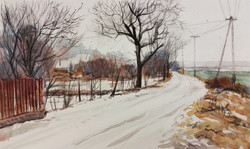 Tibor Bálinth: winter (watercolor 50cm x 29cm paper - 250gr.) Winter landscape in the surroundings of the vineyard