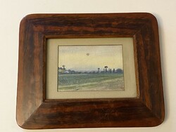 1896 antique small marked landscape painting in a Biedermeier wooden frame