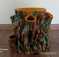 Antique Austrian majolica palissy style oak trunk vase
