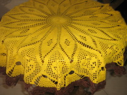 Beautiful antique handmade crochet yellow round tablecloth