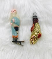 Retro glass Christmas tree decoration, fairy tale figure, the old fisherman + fish