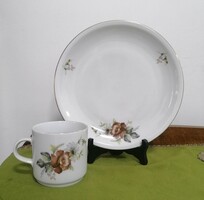 Rare lowland porcelain retro brown rose large flat plate + mug