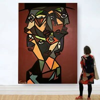 Cubist modern acrylic canvas painting by Nóry Forray 50x70 cm - labyrinth of faces c.