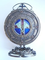 Antique silver Art Nouveau master hand with semi-precious and precious stones. Azure enamel /Lamb of God/