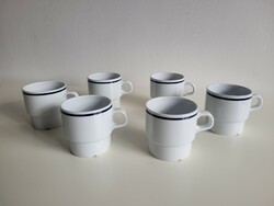 Retro 6 lowland porcelain tea mugs, old blue striped cups