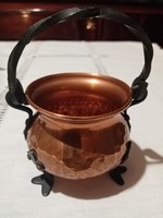 Red copper pot with wrought iron handle and legs - sugar holder, serving dish, table centerpiece