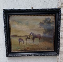 Antique equestrian painting in a river is a cozy oil-on-canvas painting