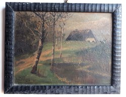Small house on the edge of the forest, signed oil painting