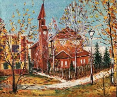 Natália Hepp: landscape with a Reformed church (the plans of the church were made by József Finta)