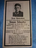 Antik 1942. keleti front Simon Scneller Wermacht német tizedes halotti értesítője a család részére