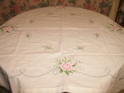 Wonderful Hand Embroidered Pastel Cross Stitch Vintage Rose White Linen Needlework Tablecloth