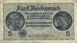 5 Reichsmark swastika 1939-45 Germany 8 digit serial number