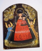 Our Lady with baby Jesus and angels in a modern reinterpretation. A picture painted on a board